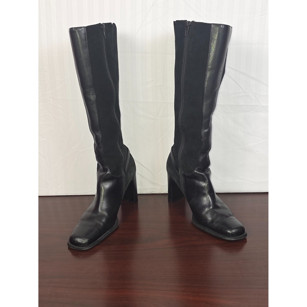 Ponderosa Women's Black Leather & Suede Knee High Boots Size 8.5M Block Heel
